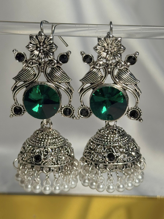 kashmiri Earrings - Silver Green