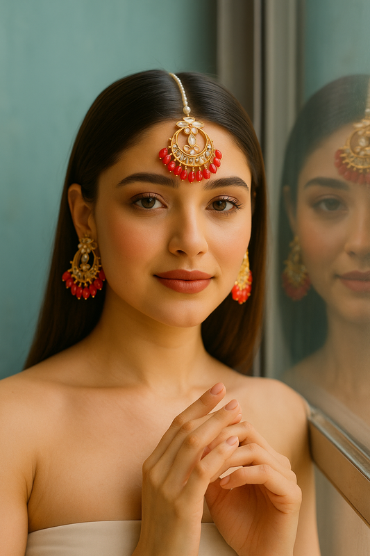 Kundan Shisha Bindi And Earrings Set - Red