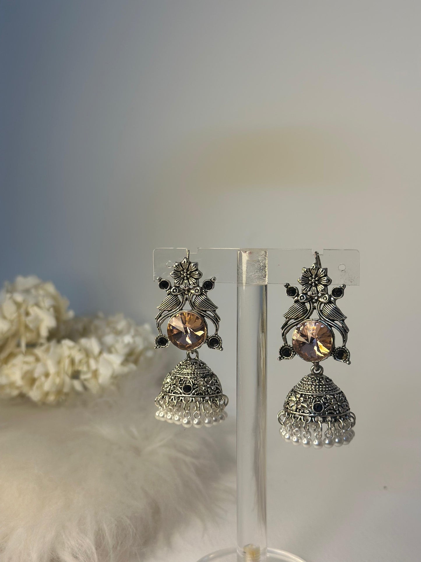 kashmiriEarrings - peach and Silver