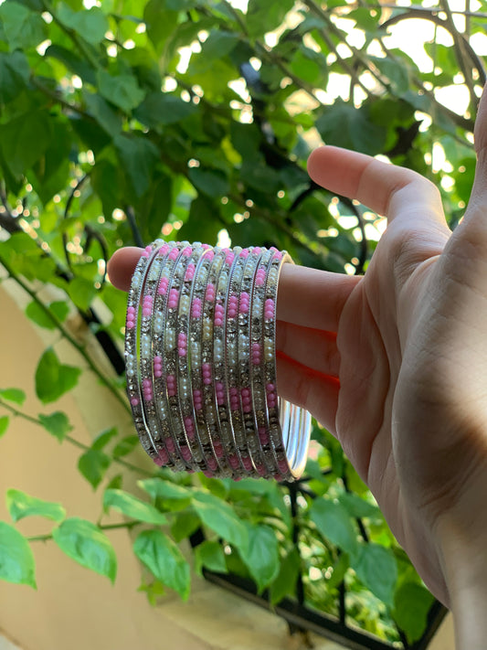 neha bangles silver white and pink