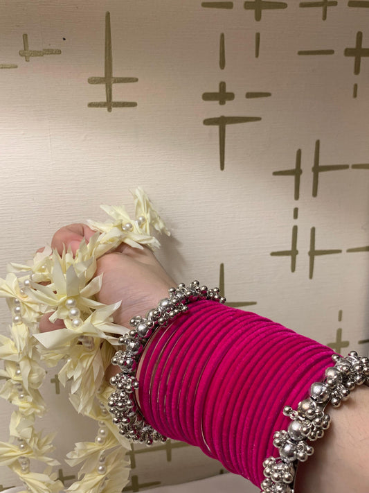Pink Velvet Silver Bangles Set