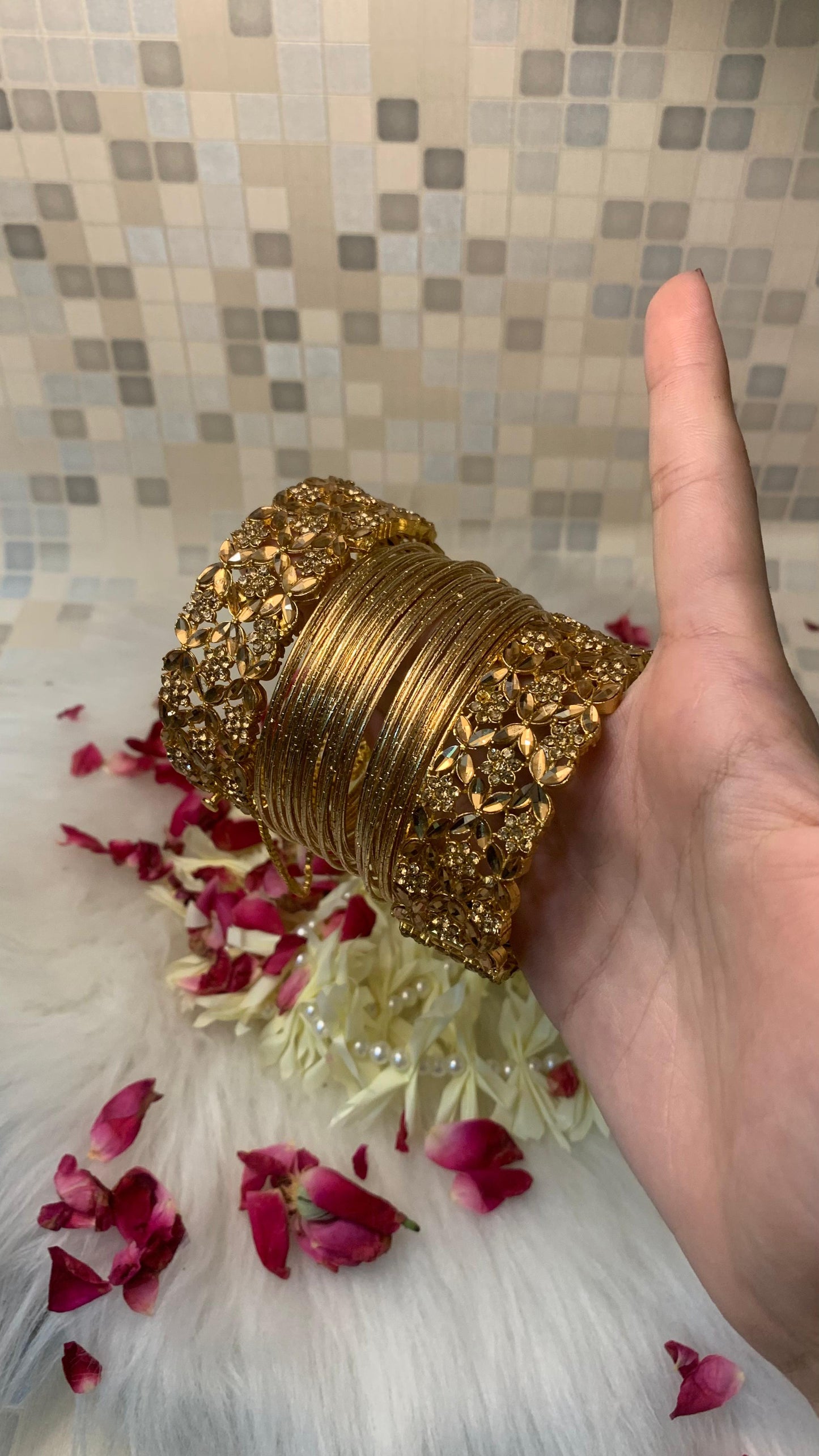 Phool Karray and Bangle Set - Gold
