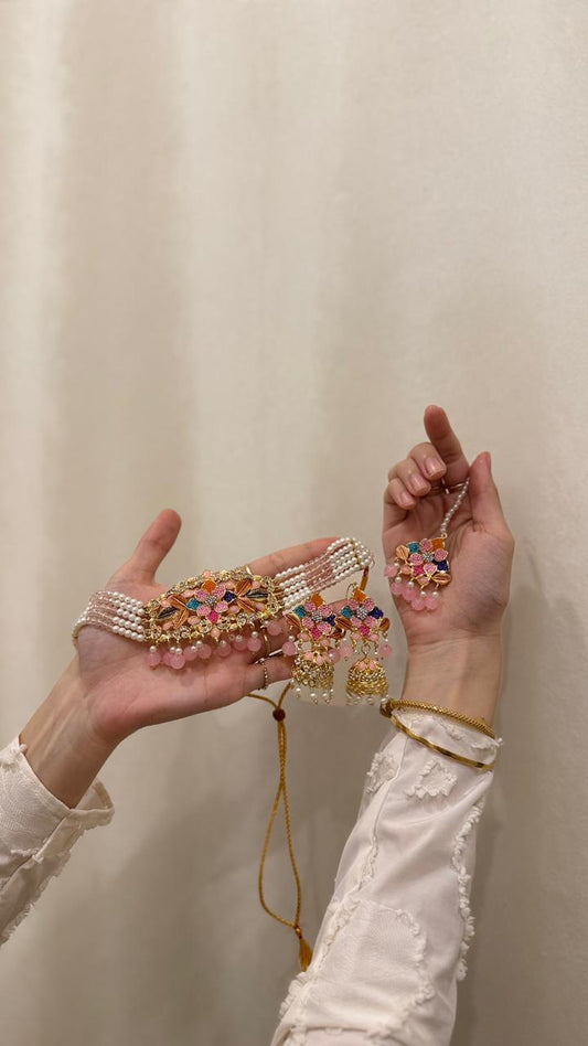 Husn-e-moti choker set Pink gold