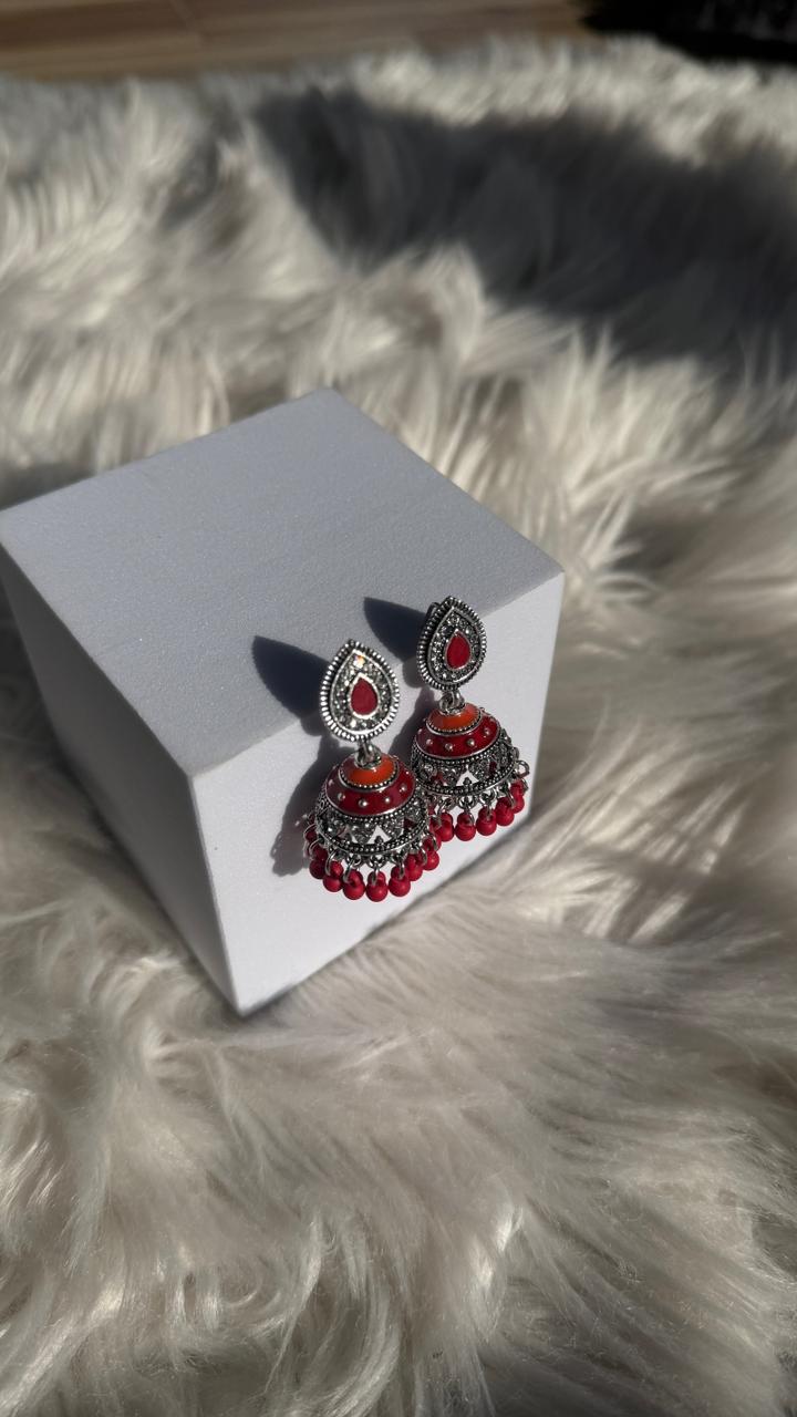 Leaf jhumki silver - Red