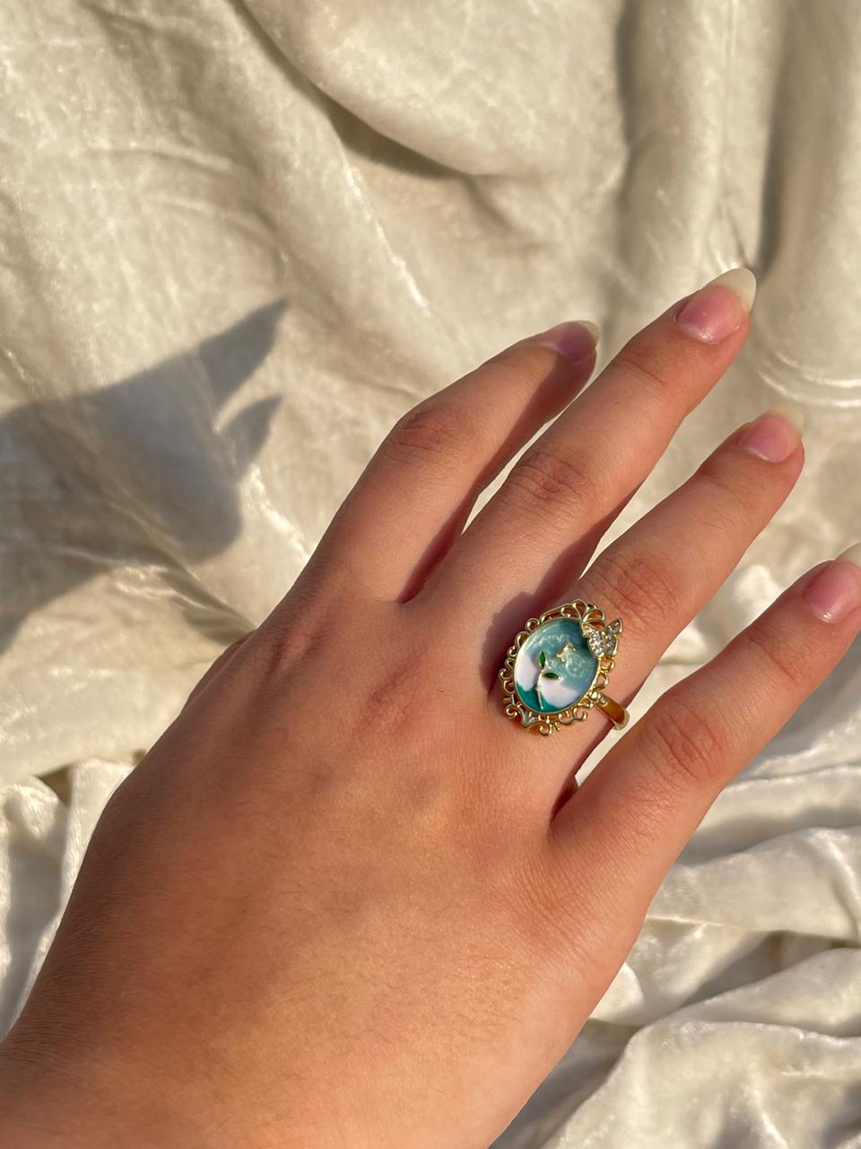 Enamel pearl ring (floral-turquoise)