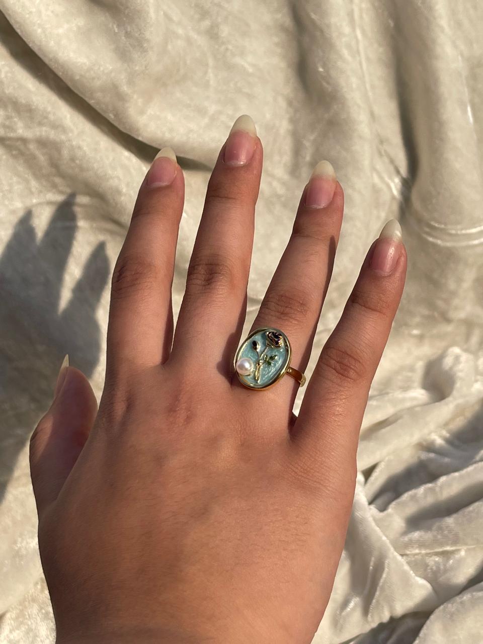 Enamel pearl ring (oval-turquoise)