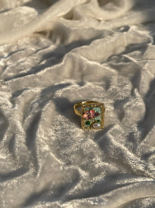Enamel pearl ring (turquoise-flower bead)
