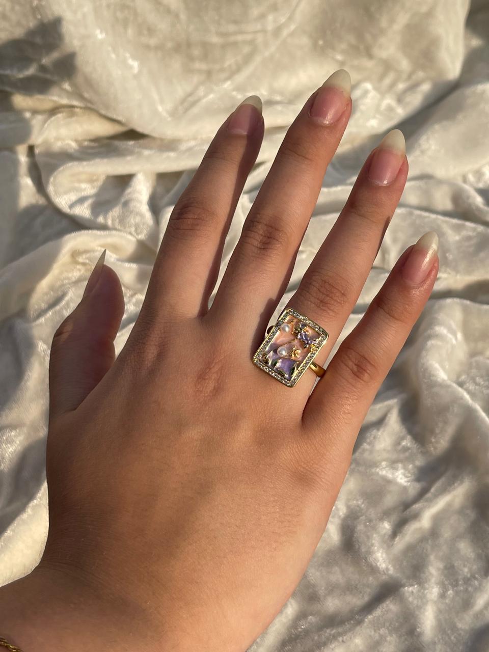 Enamel pearl ring (square-pink)