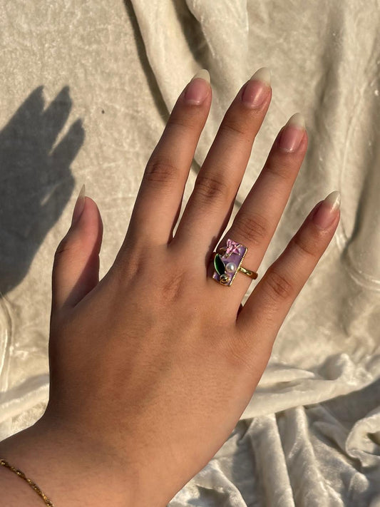 Enamel pearl ring (rectangle-purple)