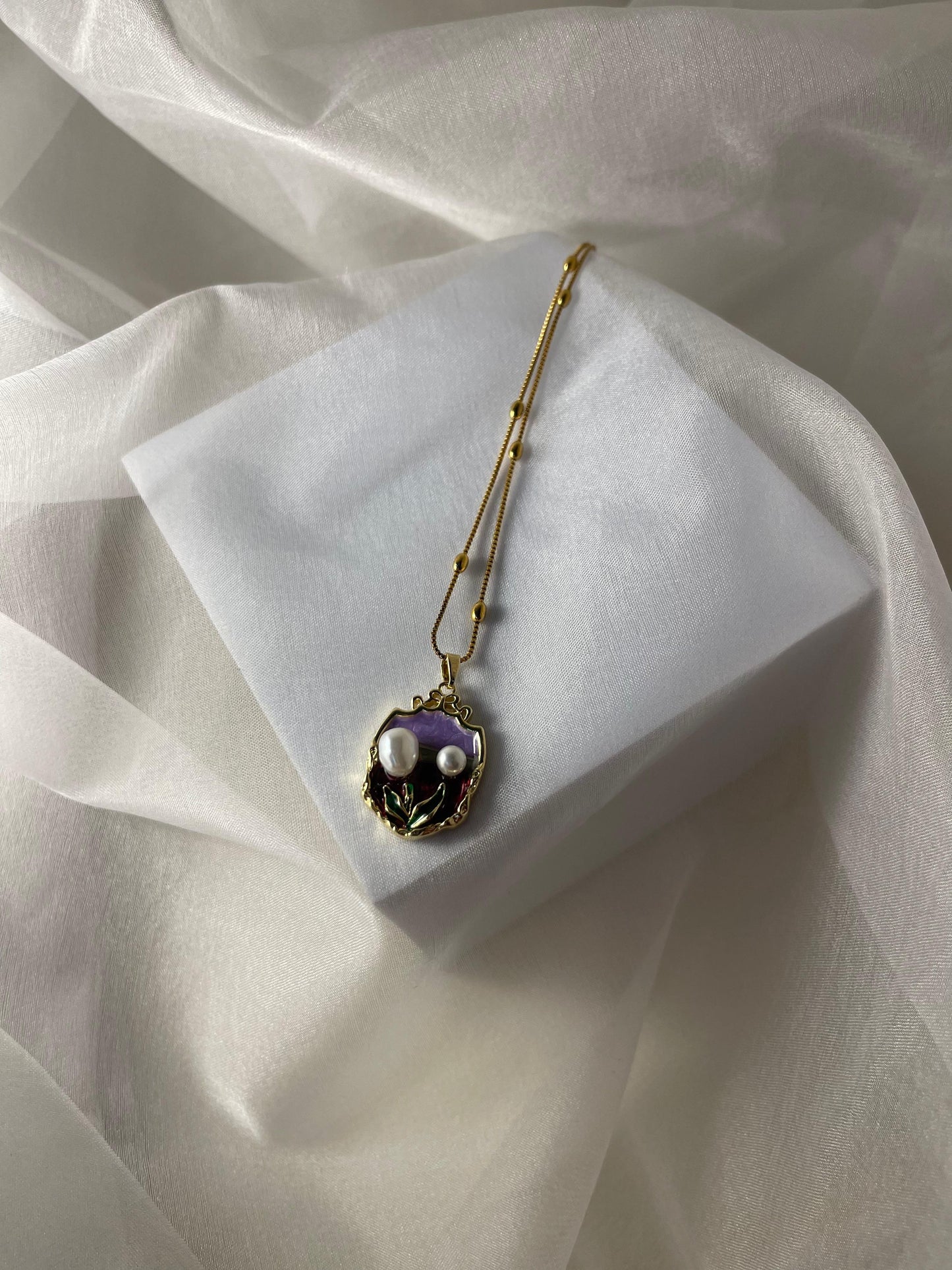 Enamel pearl necklace-Violet Depths