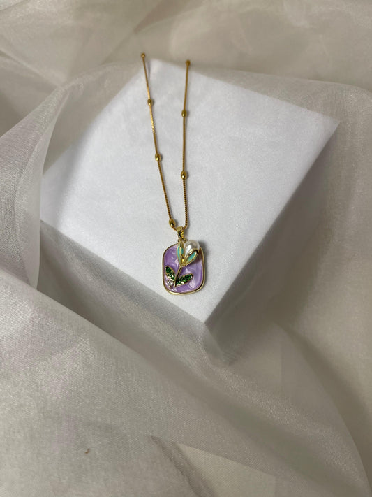 Enamel pearl necklace (Dewdrop Bloom-Purple)
