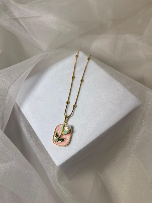 Enamel pearl necklace (Dewdrop Bloom-Pink)