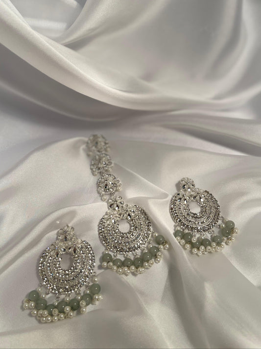 Kundan moti phool earring and bindi set - Grey