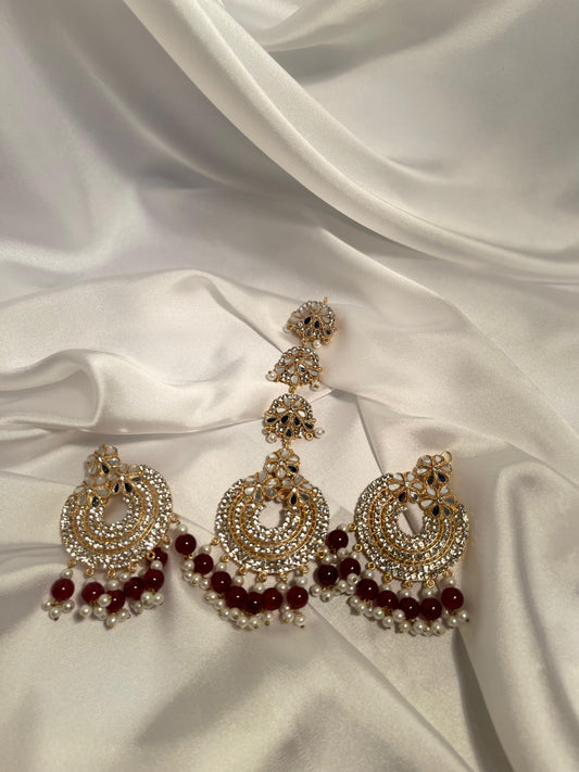 Kundan moti phool earring and bindi set - Maroon and gold