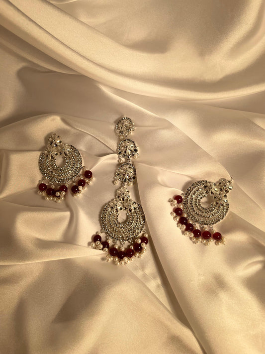 Kundan moti phool earring and bindi set- Maroon and Silver