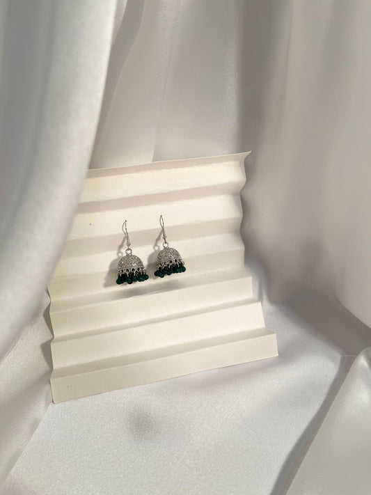 Tania Silver Jhumki ( Green beads)