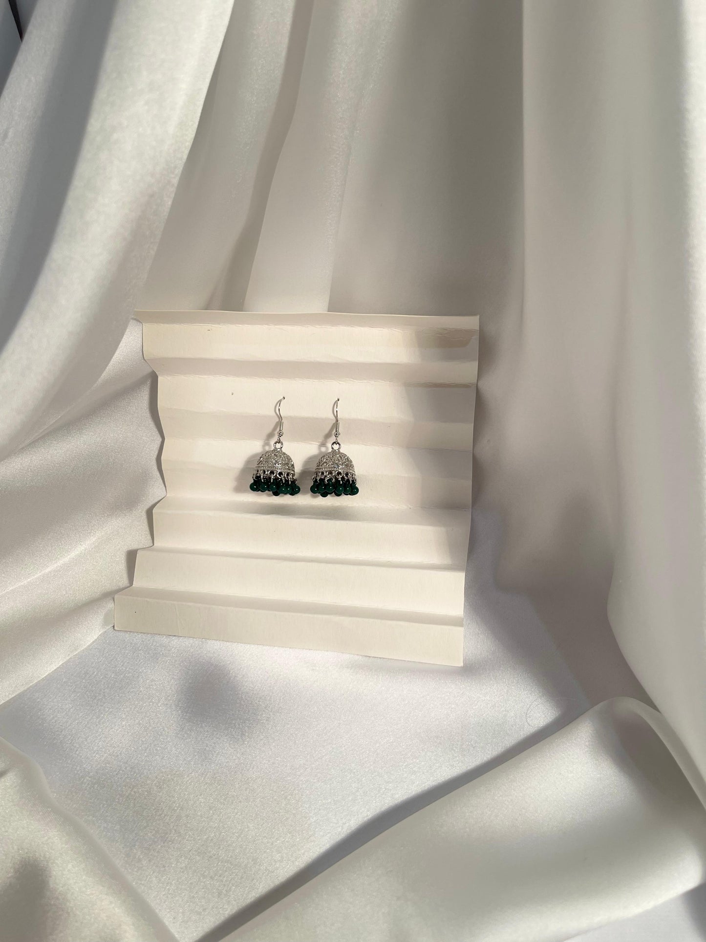 Tania Silver Jhumki ( Green beads)