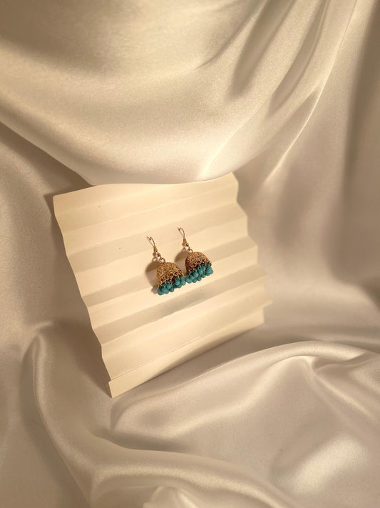 Tania gold Jhumki (sky blue beads)