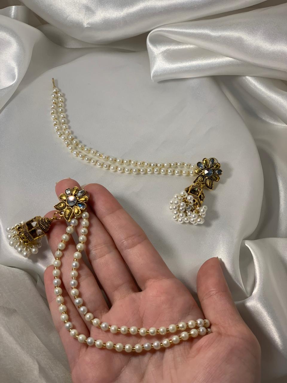 Floral Cage Jhumki with double pearl saharay