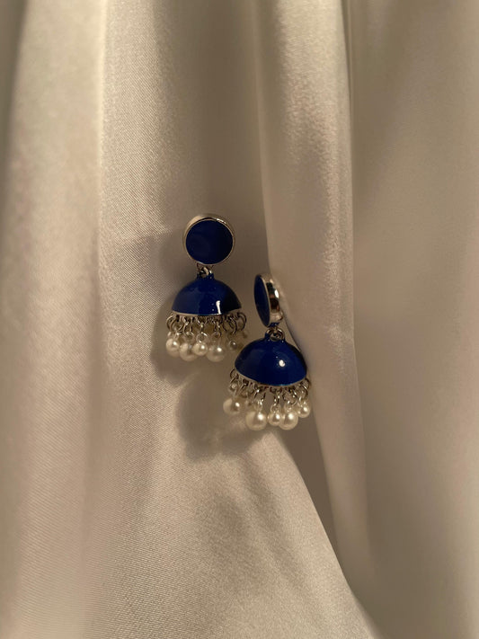 Crimson pearl jhumki - blue and silver