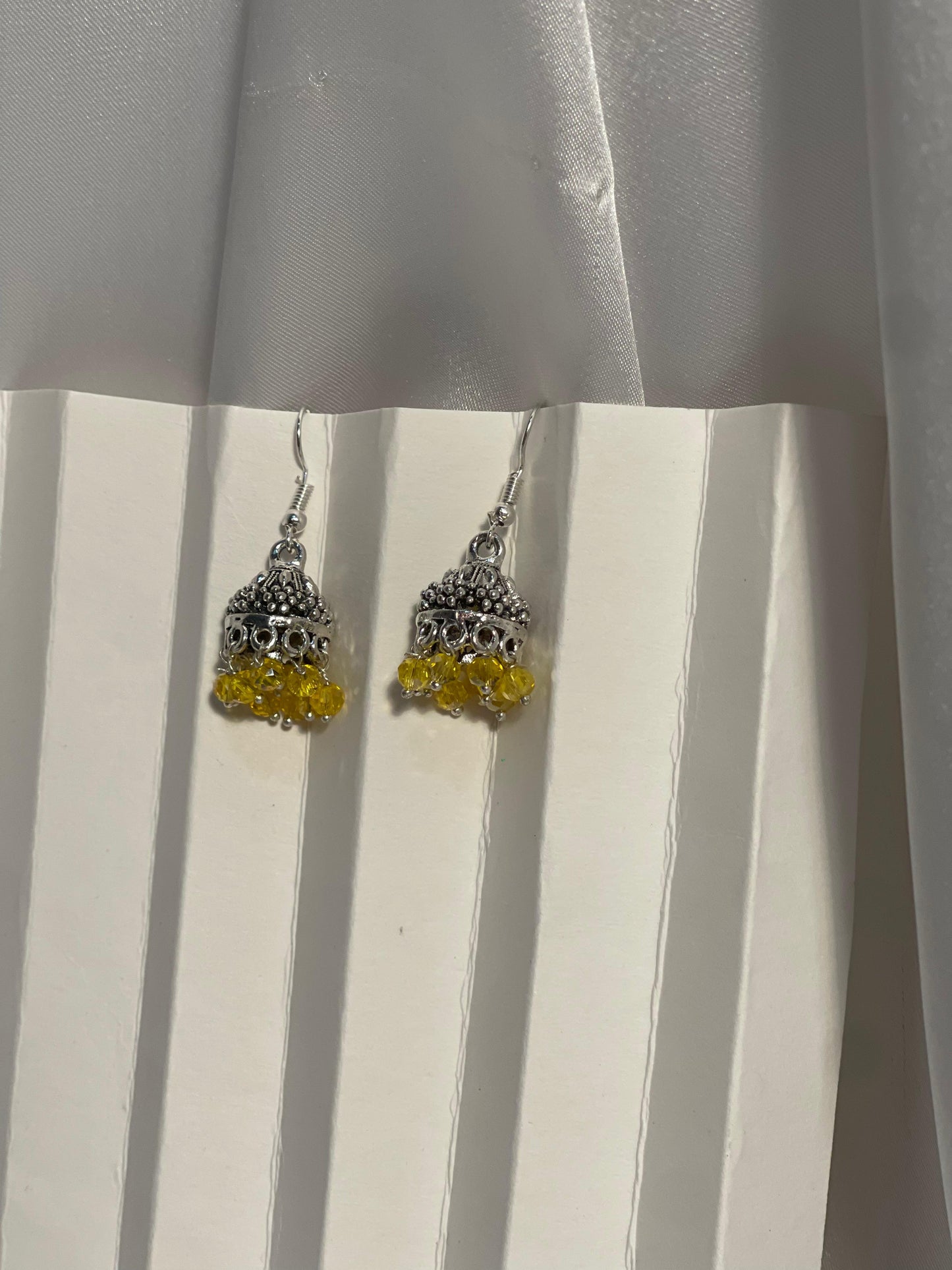 silver mini jhumki with yellow beads