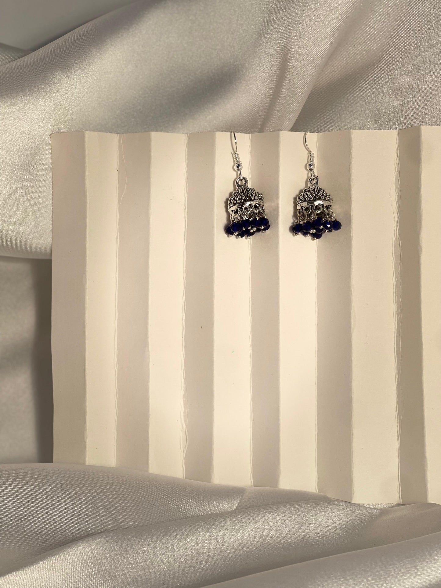 silver mini jhumki with blue beads