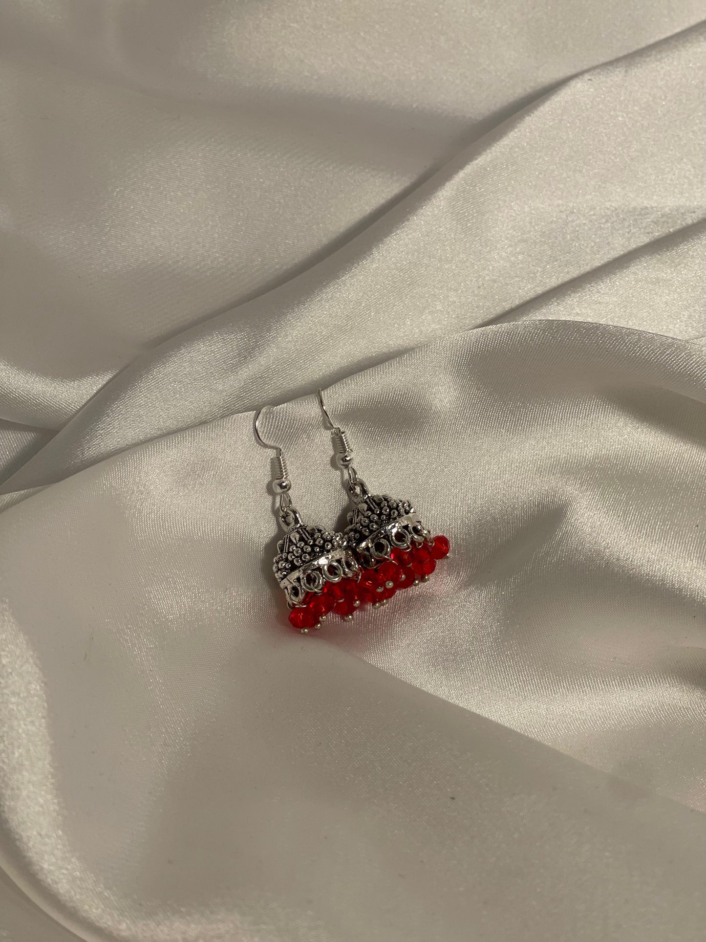 silver mini jhumki with red beads