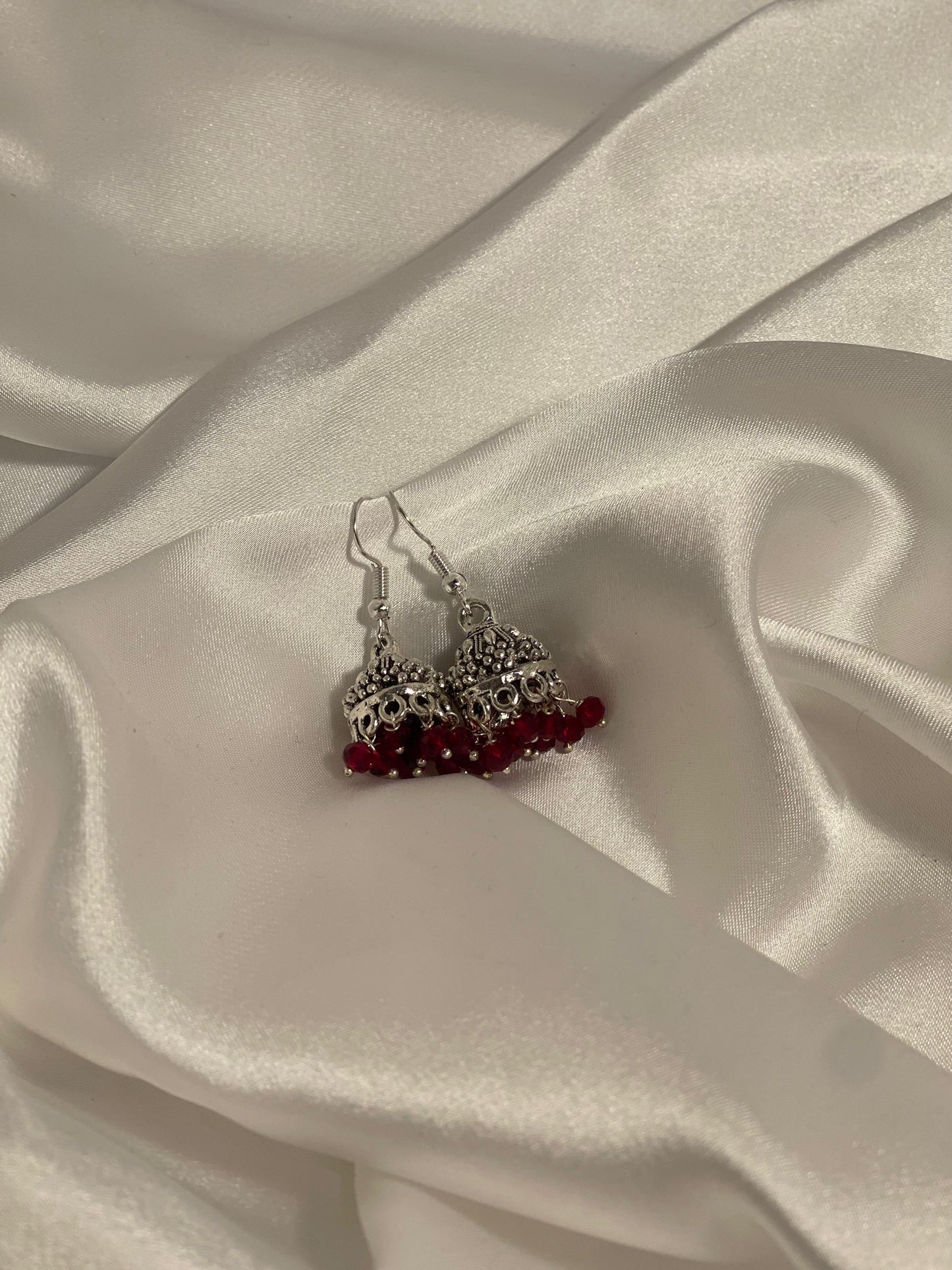 silver mini jhumki with maroon beads