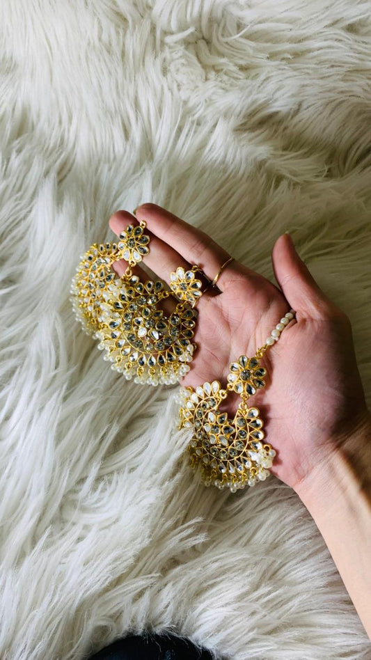 kundan moti bindiya and earring set (gold)