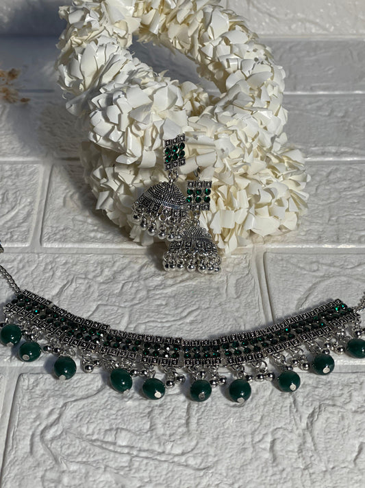 Chakoor chandi Set-green beads(baharbano Collection)