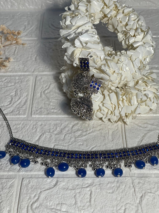 Chakoor chandi Set-blue beads(baharbano Collection)