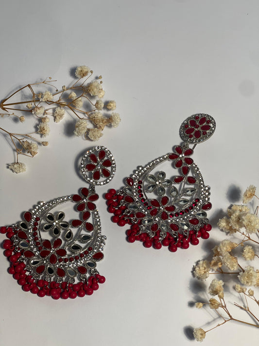 Phool Earring maroon and silver(Mahbano)
