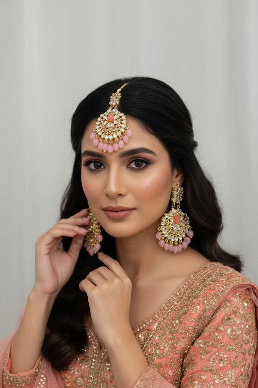 Kundan Set gold and tea pink-(Sheharbano)