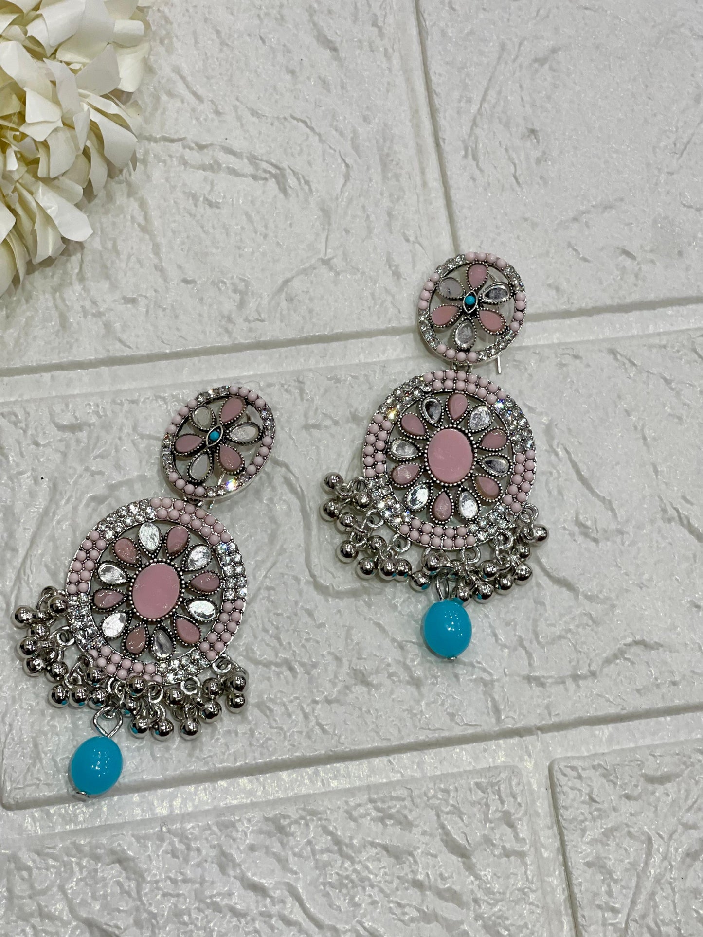 Fatima earring silver, pink and turquoise (Sheharbano)