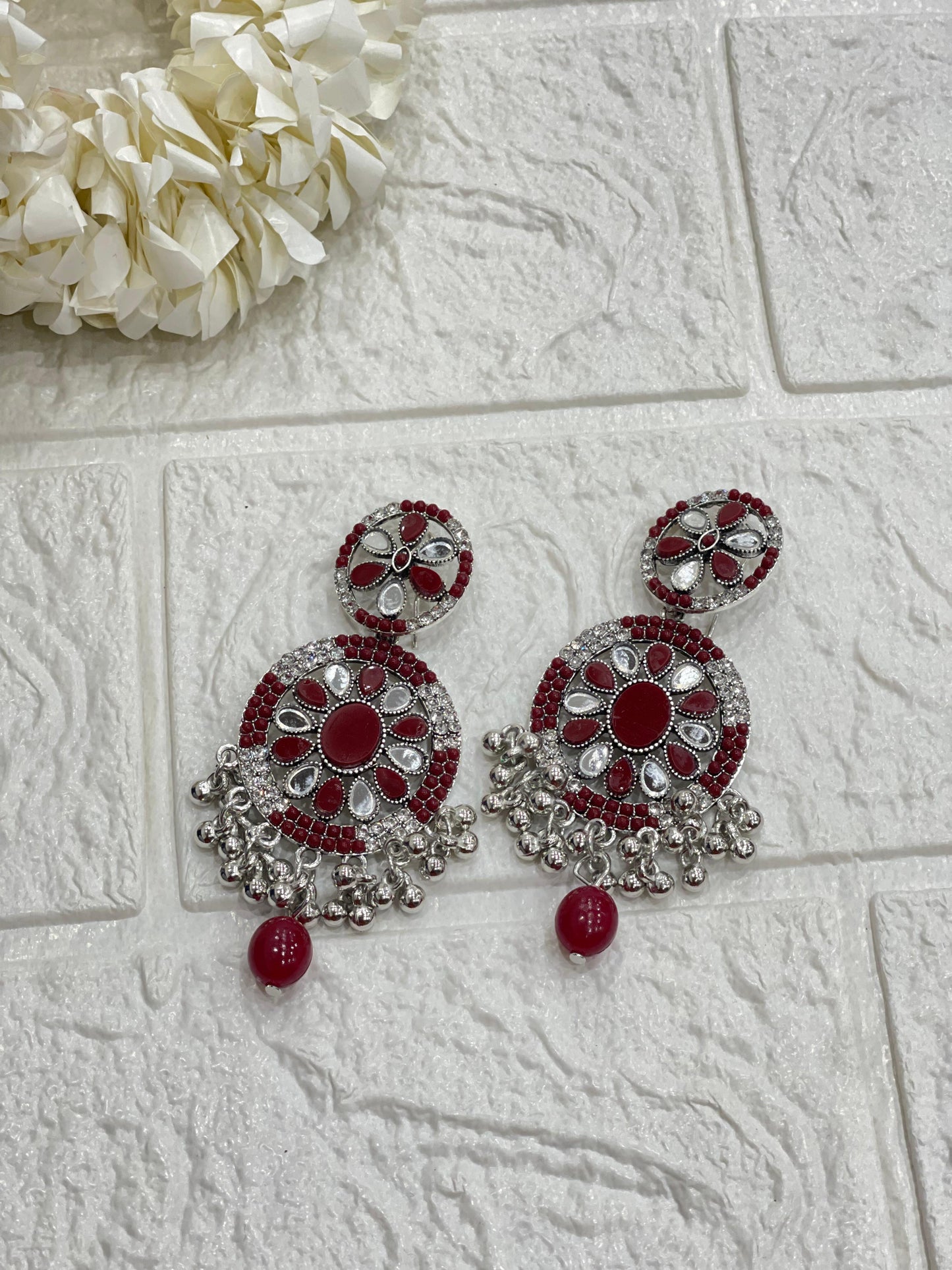 Fatima earring maroon and silver(Sheharbano)