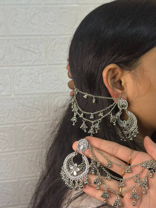 chand phool ghungroo earring with saharay-silver