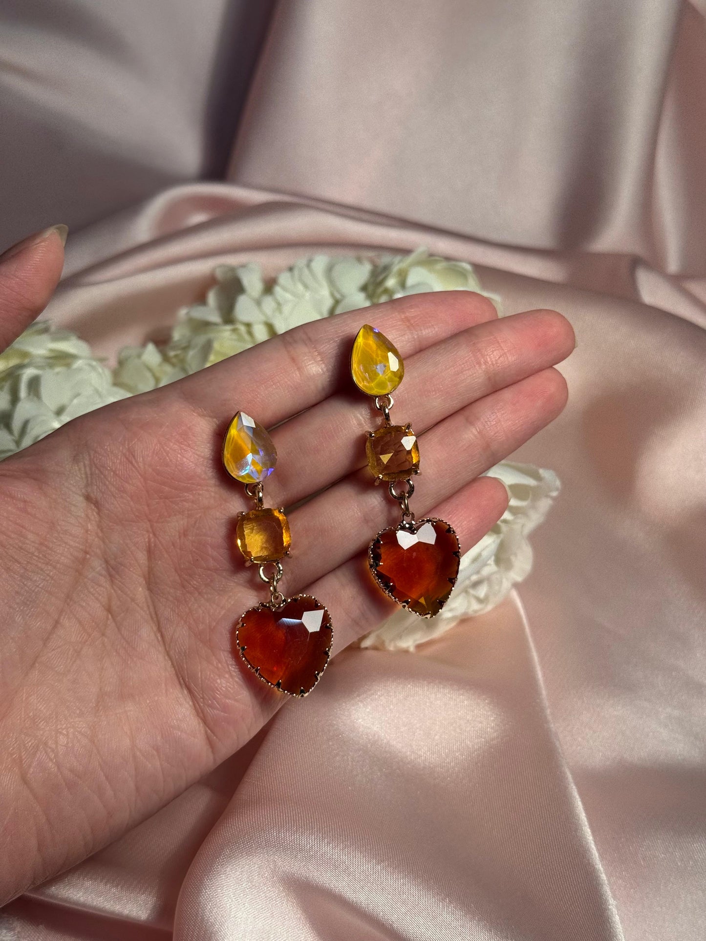 Enamel Hearts Earrings- light brown