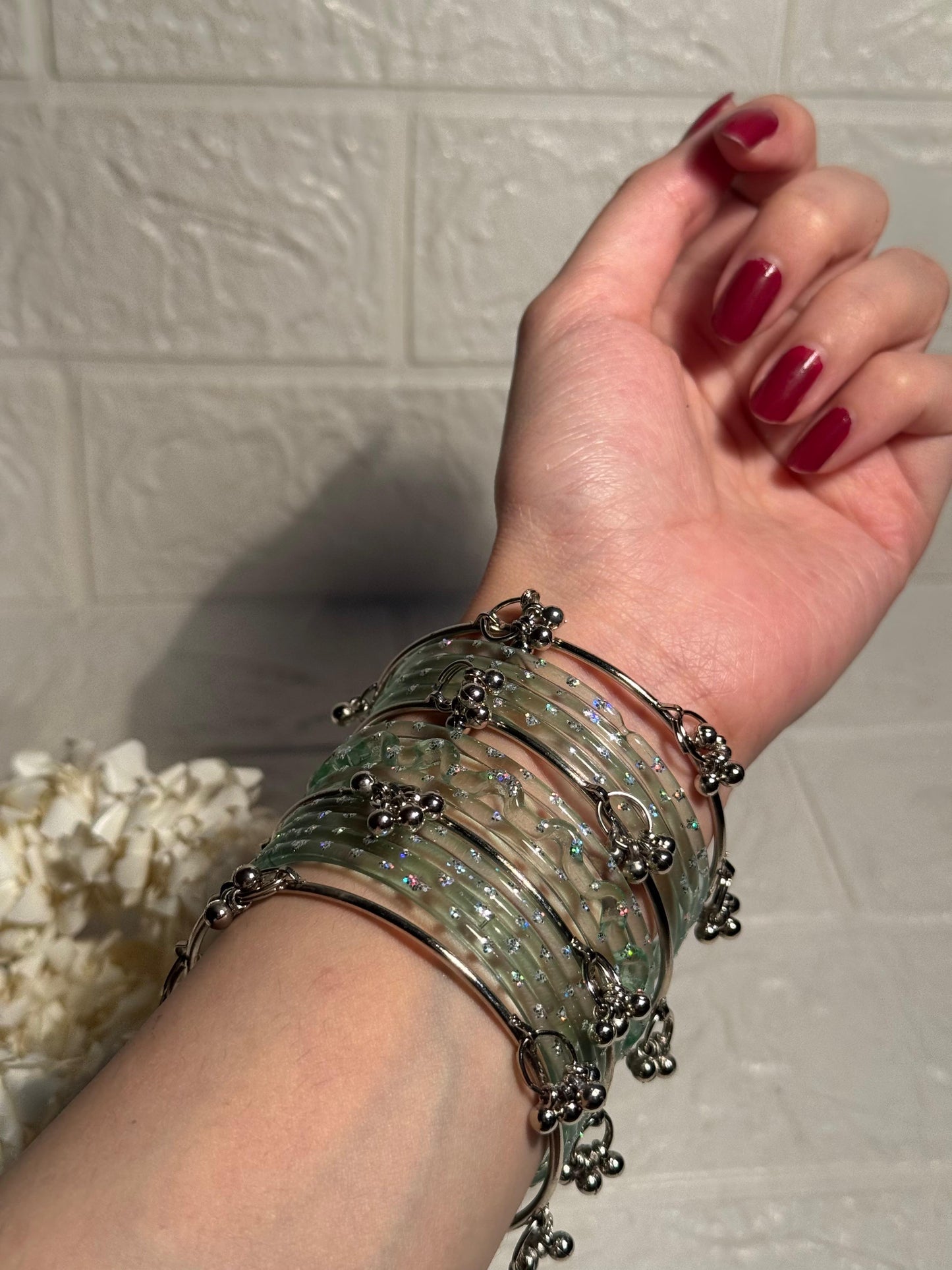 Raindrop bangle (6) sage with Silver Kashmiri Ghungroo Bangles- eid collection