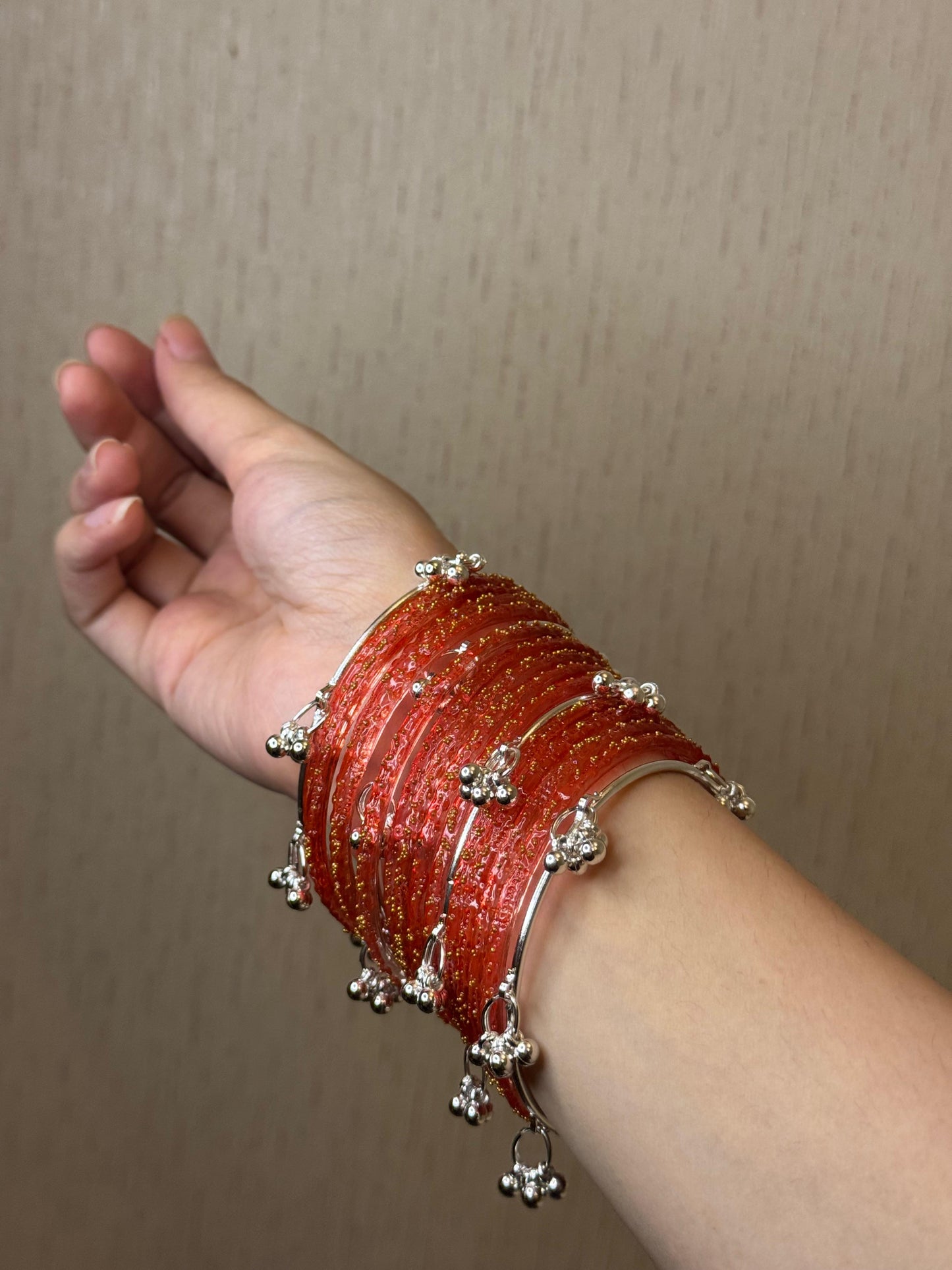 Raindrop bangle (3)- orange with Silver Kashmiri Ghungroo Bangles- eid collection