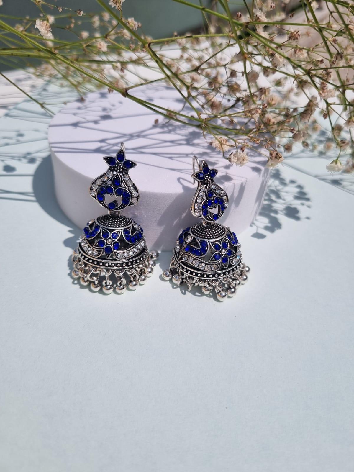 Naina silver jhumkiyan - (Blue)