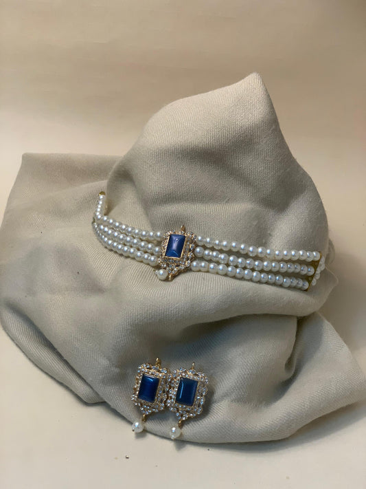 Moti Choker with earrings - Blue