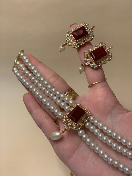 Moti Choker with earrings - Maroon