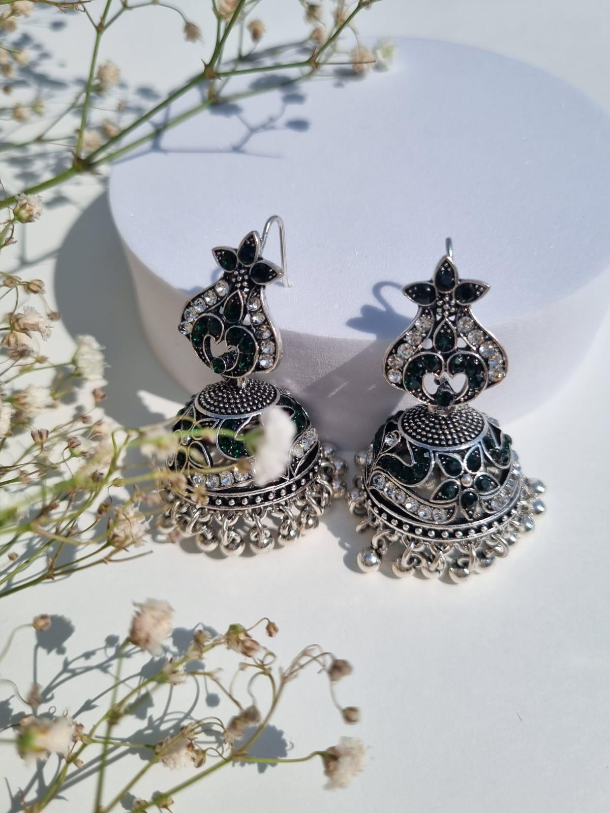 Naina silver jhumkiyan - (Green)