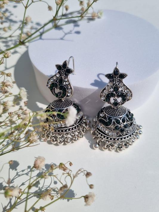 Naina silver jhumkiyan - (Green)