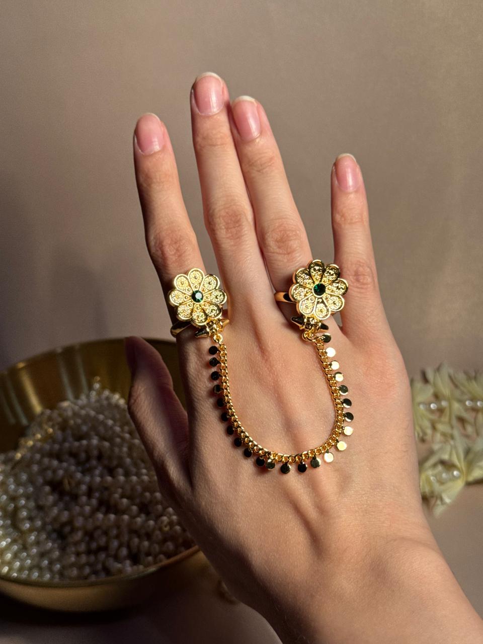 Floral Sona Double Ring - Green