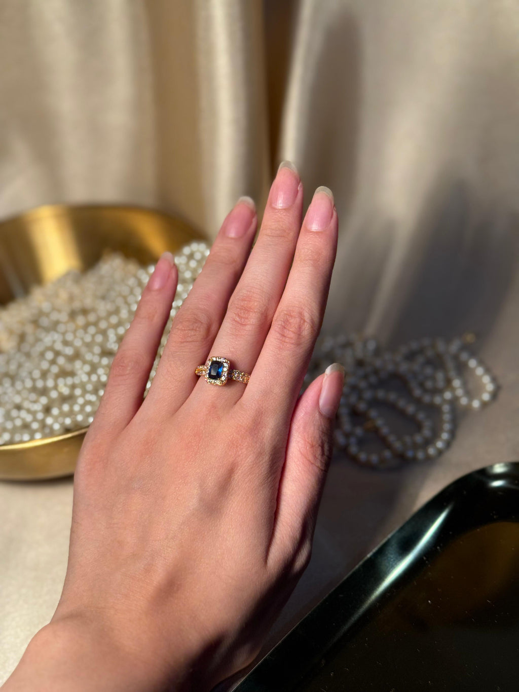 Rectangle Gem Stone Ring Gold - blue