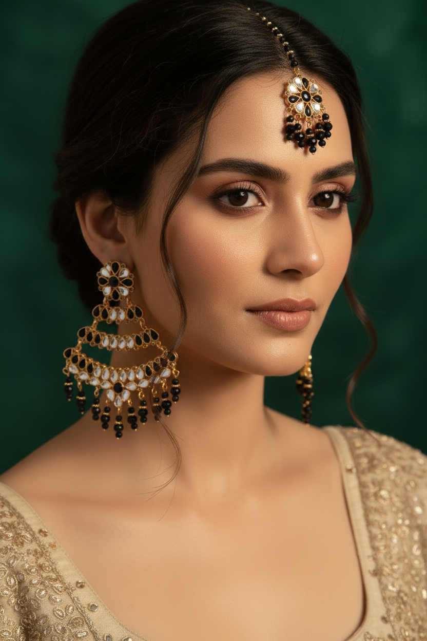 JA-2 Kundan jhoomar Set - Black