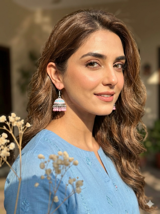 Maya Ali Silver Jhumki (Pink and Blue)