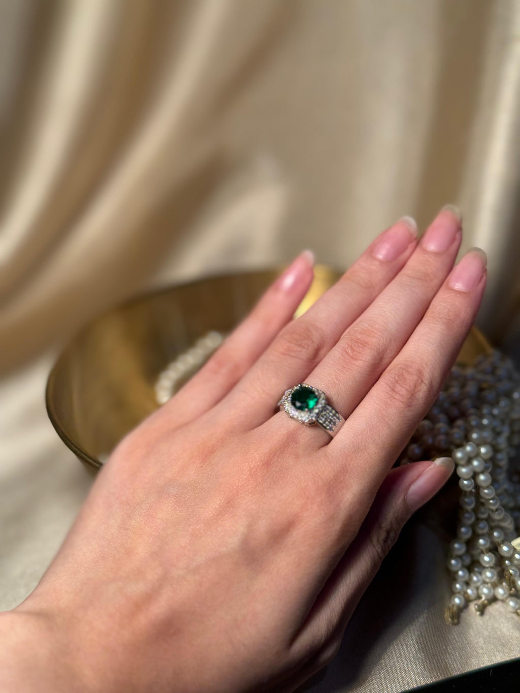 Square Gem Band Silver Ring - Dark Green