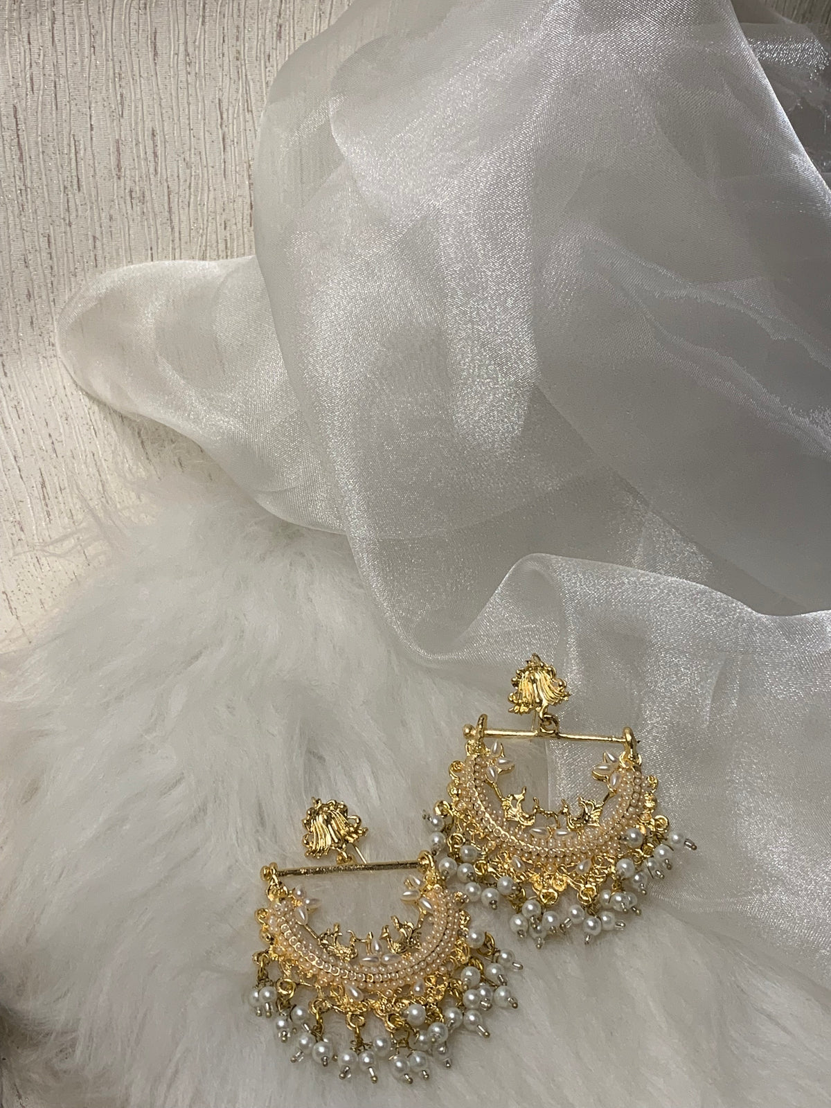 Peacock Earrings - gold and beige